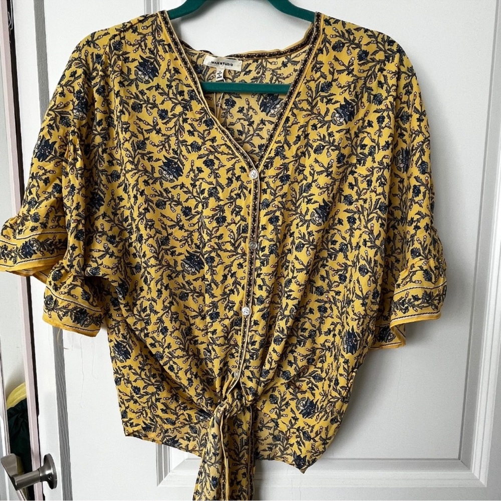 Max Studio Yellow Floral Tie-Front Blouse